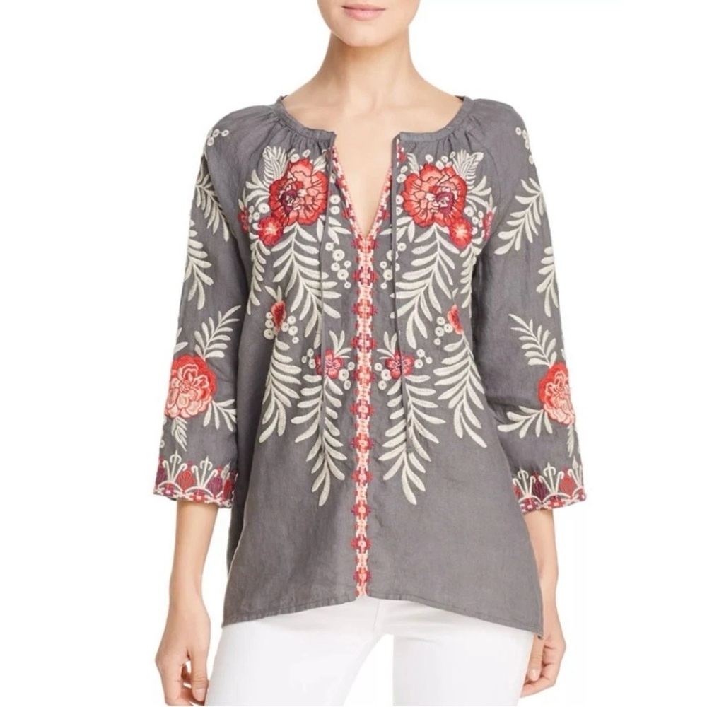 Johnny Was Maya Embroidered Linen Tie Neck Peasant Blouse Voltage/gray Small